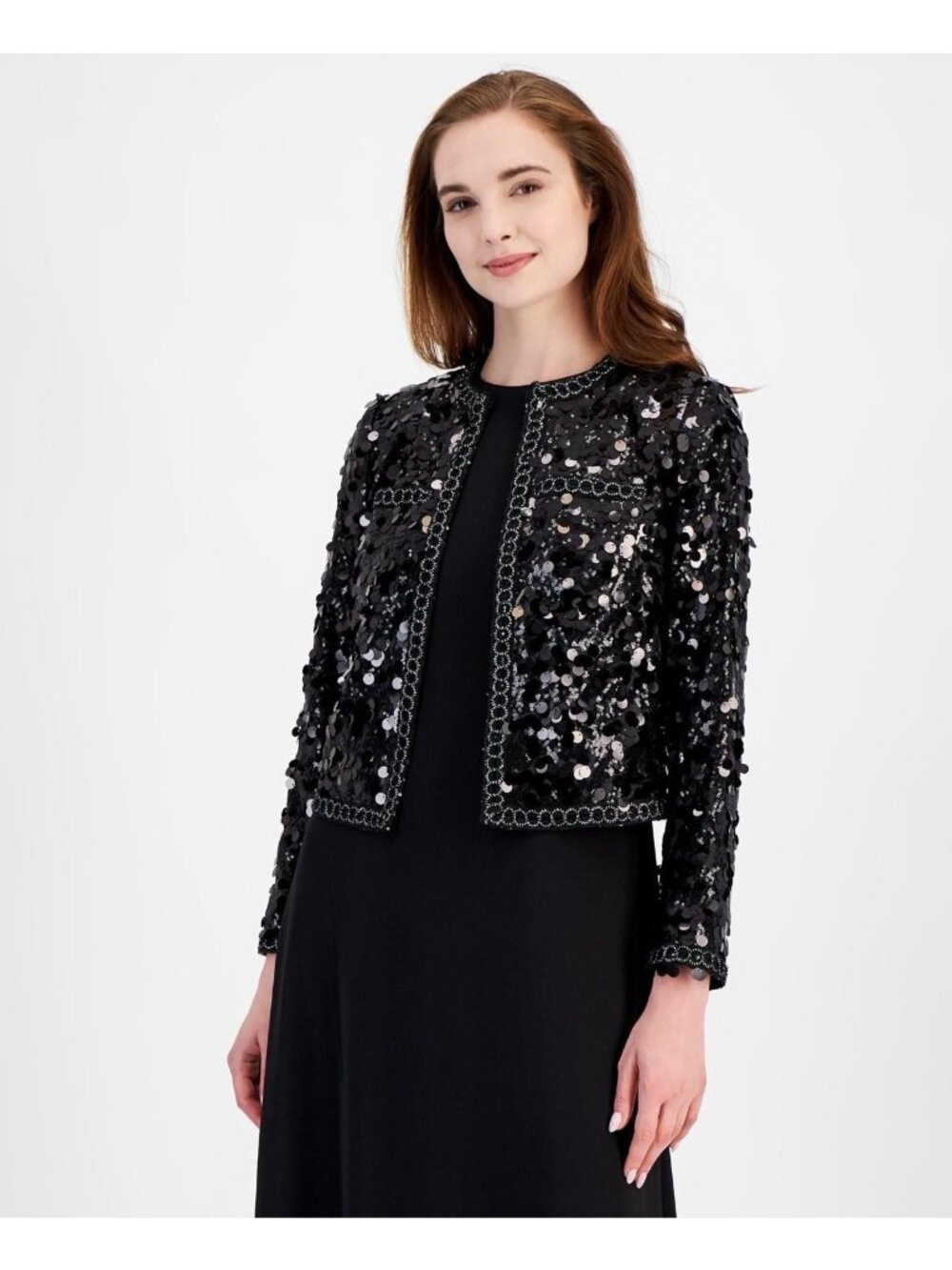 Anne Klein Jacket Women Size XL Black Sequin Open Front Short Party Evening $199